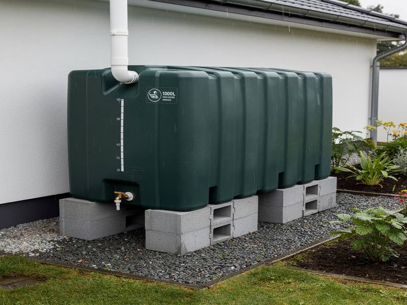 Installation robuste d'un récupérateur d'eau de pluie 1000L sur parpaings