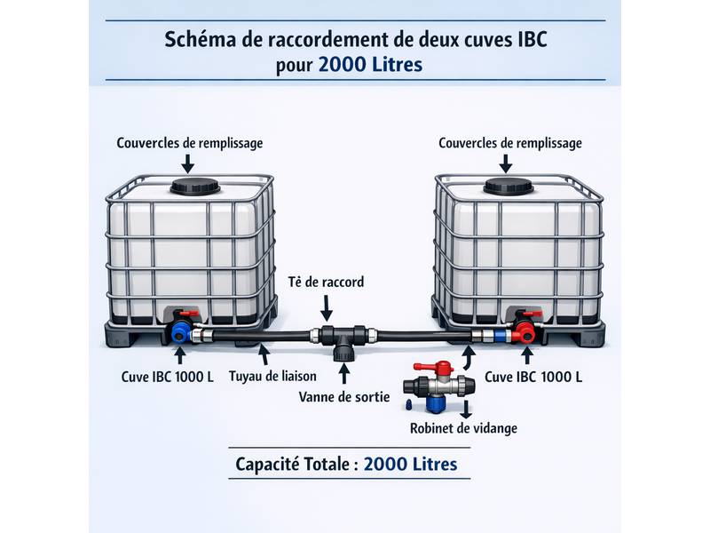 Schéma de raccordement de deux cuves IBC pour obtenir 2000 litres