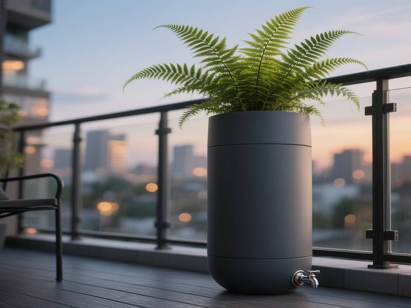 Petit récupérateur d'eau design avec plante verte sur un balcon urbain
